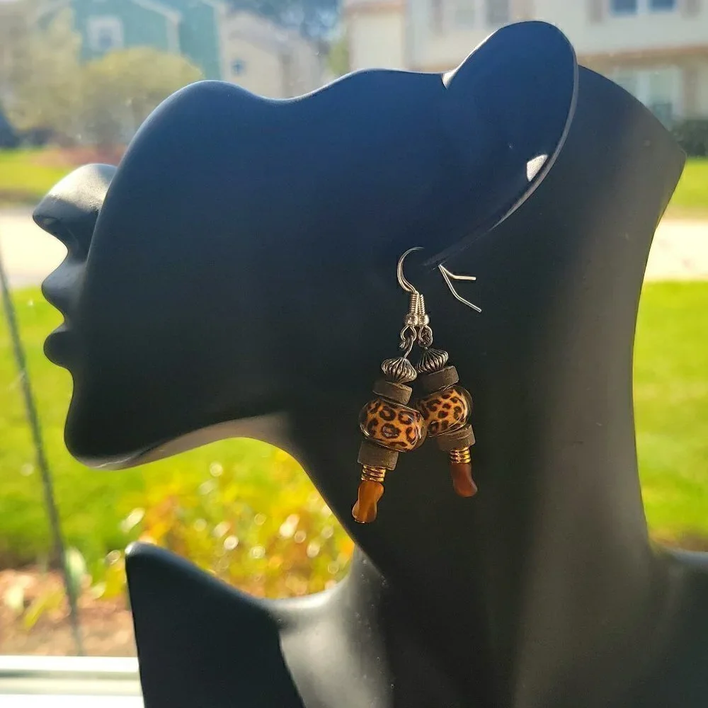 Handmade Earrings With Cheetah Print, Sea Glass,& Wooden Beads Etc, Wirewrapped